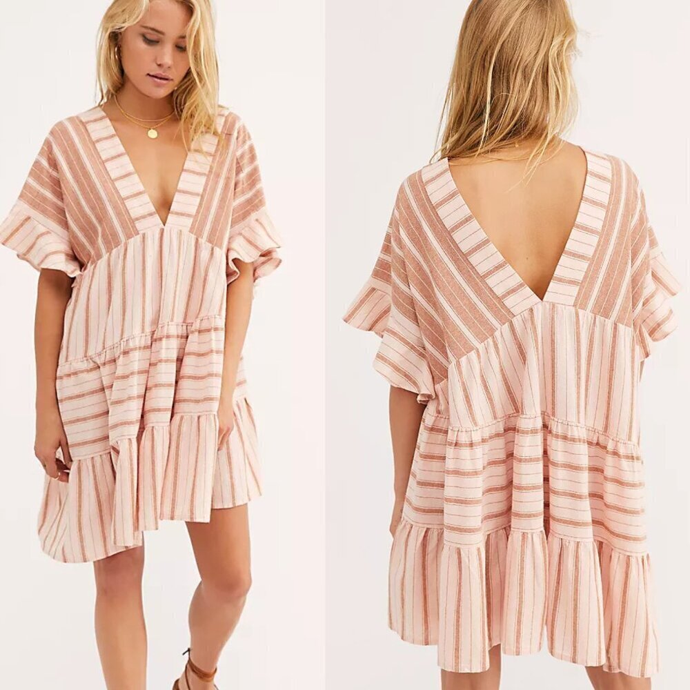 New! Free People Tan Brown Striped Cotton Living Tunic Mini Dress 20208